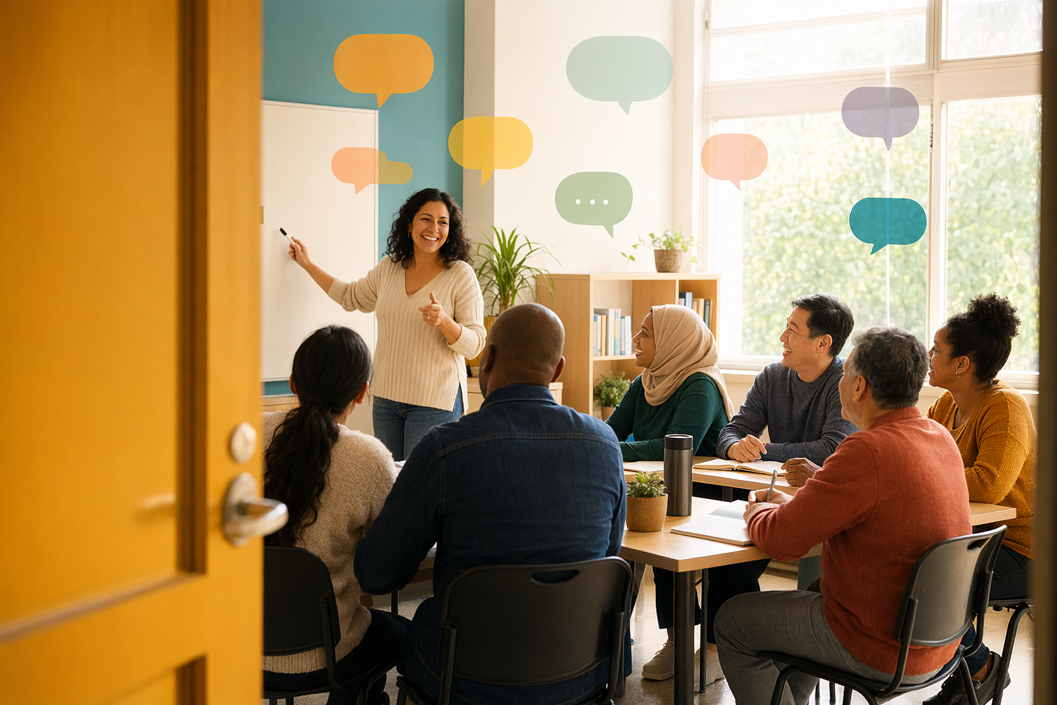 Illustration of an open door with speech bubbles in many languages welcoming a new student